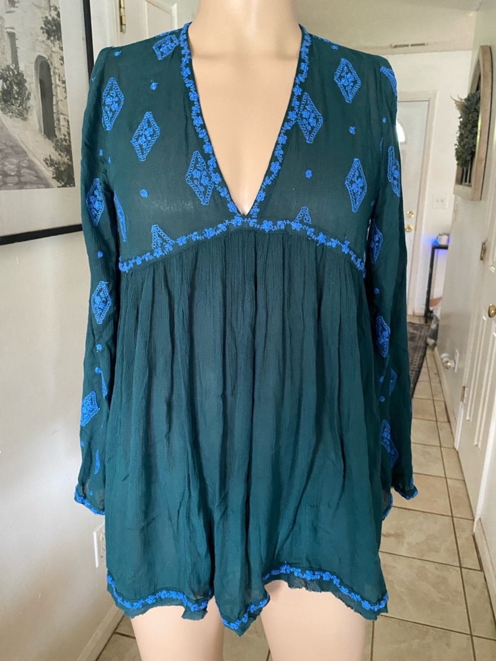 Free People Teal Top with Royal Blue Embroidery - Picture 2 of 7